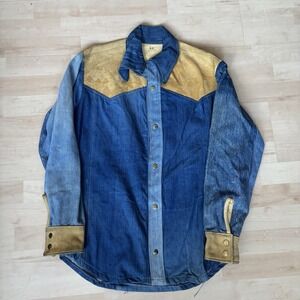 Vintage Handmade Leather & Denim Button Up Jacket With Design Women's Sz Large